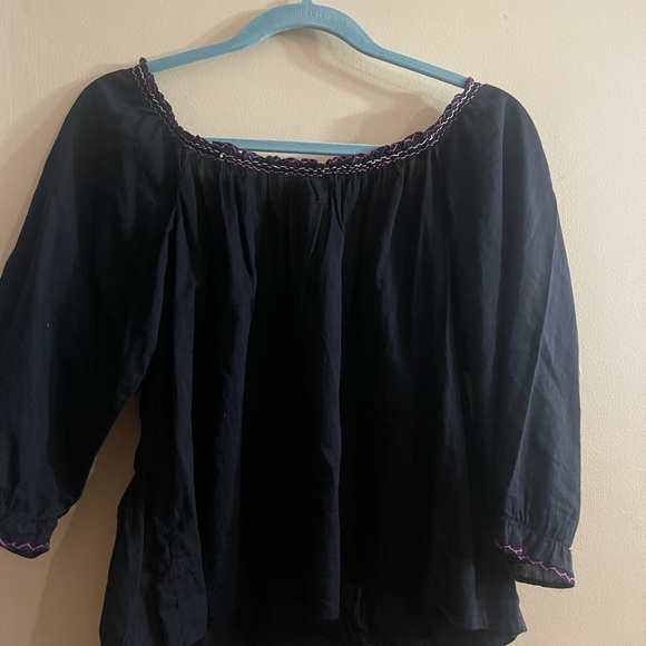 Free People black peasant blouse with pink and cream threading detail - Picture 6 of 7